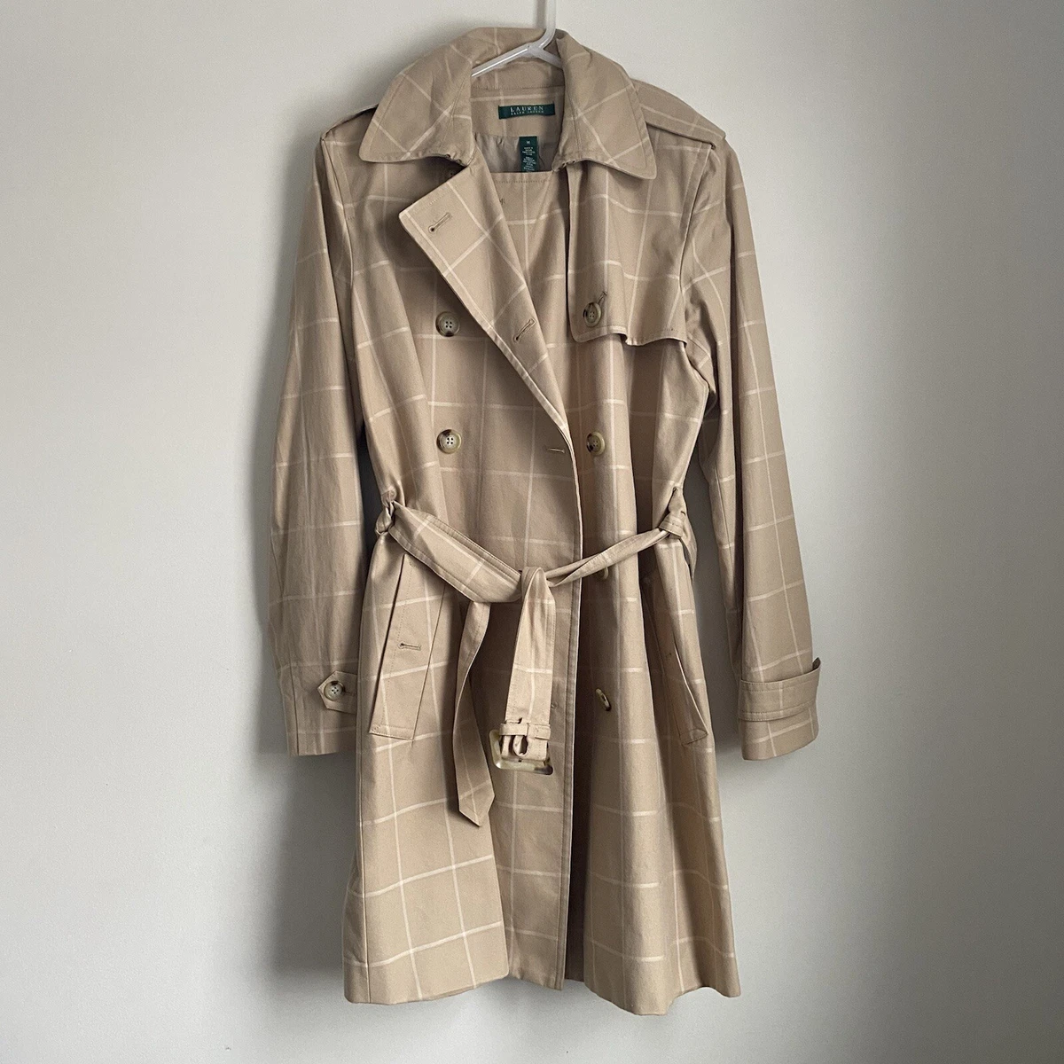 Ralph Lauren Trench Coat Window Pane Tan Belted Wonens Medium GUC