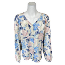 The Muses Closet French Terry Button Front Shirt Jacket Top Blue Floral 2x Size