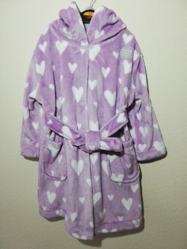Dressing Gown Girls Hooded Robe Heart Print Pockets Purple Pink Tie Front Snug - Picture 13 of 21