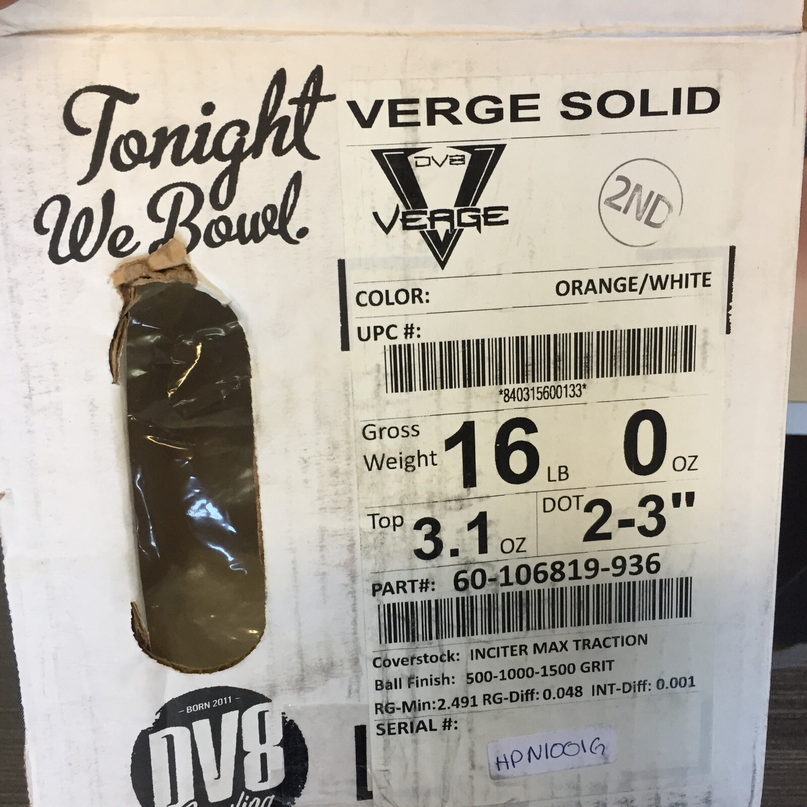 DV8 Verge Solid  bowling ball  16 LB.    NEW IN BOX!!        #001g