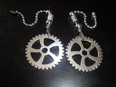 Pair Ceiling Fan Pull Chains   Silver Steampunk Gear Design   Light/Lamp Pulls