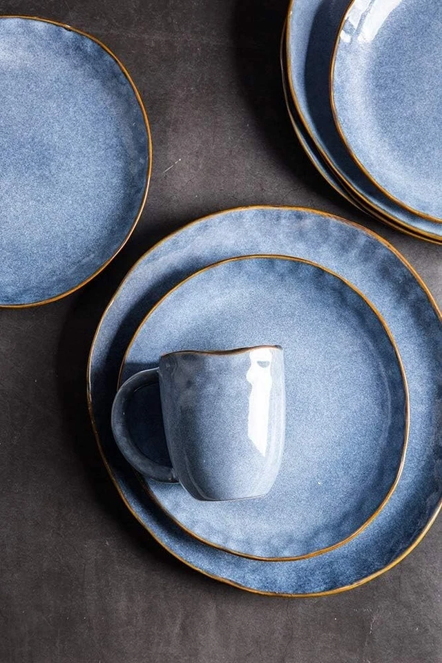 Pangu 16-Piece Dinnerware Sets, Service for 4,Blue, Handmade Random Shape - Image 4 of 4