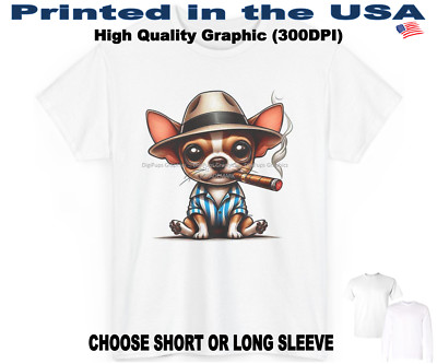 DigiPups Chihuahua Puppy Dog Sitting Smoking Cigar Cartoon Graphic T Shirt