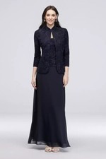 ALEX EVENINGS 2pc Navy Blue Silver Glitter Chiffon Maxi Dress Jacket SET 8 M