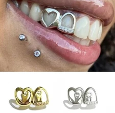 14K Gold Plated or Silver Iced CZ Double Two Tooth Teeth Open Heart Grillz Cap