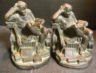 Antique KBW Bronze Clad Renaissance Student Scholar Bookends Very Good-Excellent