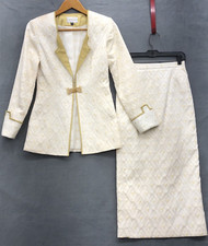 Terramina 2pc Skirt Suit 10 Ivory Yellow Crinkle Midi Skirt Elegant Needs TLC