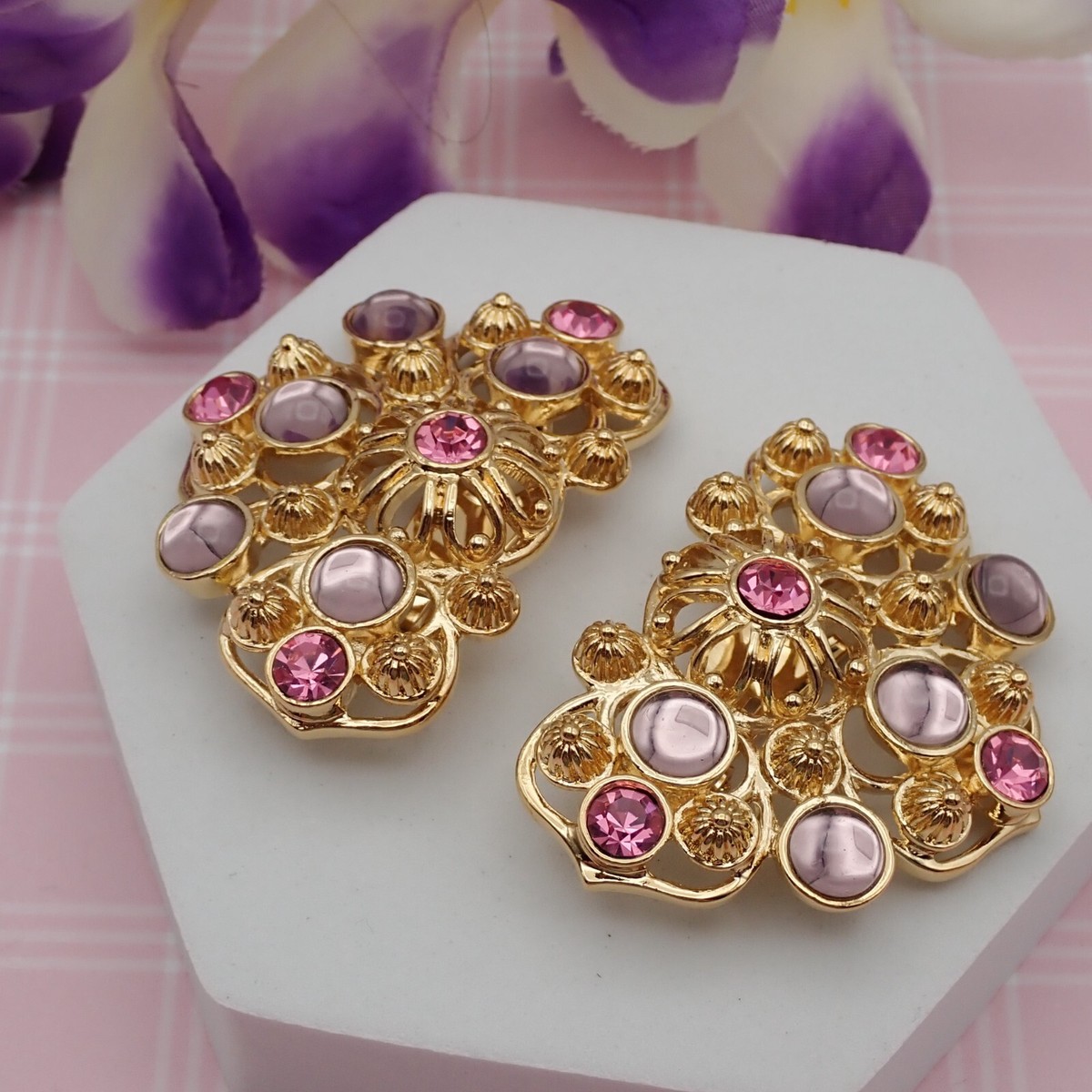 Vintage Barrera For Avon Marbella Gold Tone Pink Purple Rhinestone