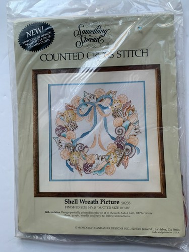 NIP Candamar Counted Cross Stitch "Shell Wreath Picture" 14 x 14 OOP 1986