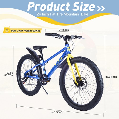 24 Inch Bicycles , Fat Tire Mountain Bike for Boys and Girls,Shim ano 7-Speed - Picture 2 of 6