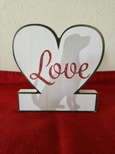 Dog Love Wood Sign Plaque - Red Glitter Words -Dog Shadow on Wood Plank Tabletop
