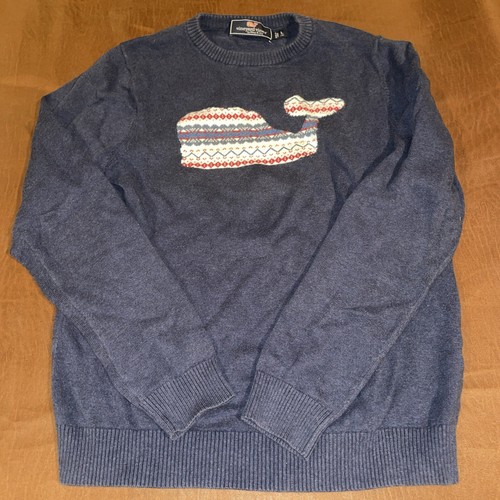 Vineyard Vines Whale Isle Intarsia Sweater Boys 16 Crew Neck Blue Pullover