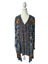 Vintage 90s Carole Little II Tunic Top Sz 16 Blue Brown Rayon Floral Boho Artsy