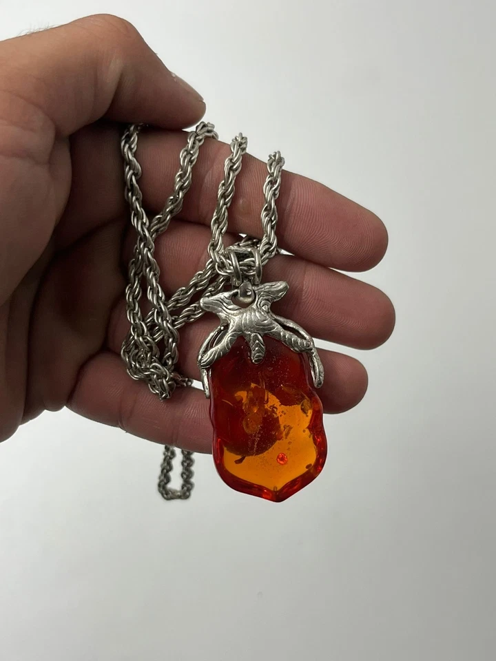 "Vintage 925 Sterling Silver Plated Amber Pendant Necklace for Women - 12.5 In - Image 3 of 4