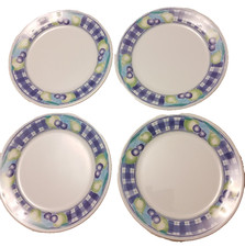 4 Piatti Melamina Blu Check & Fruit Design 25cm 10" Caravan Campeggio