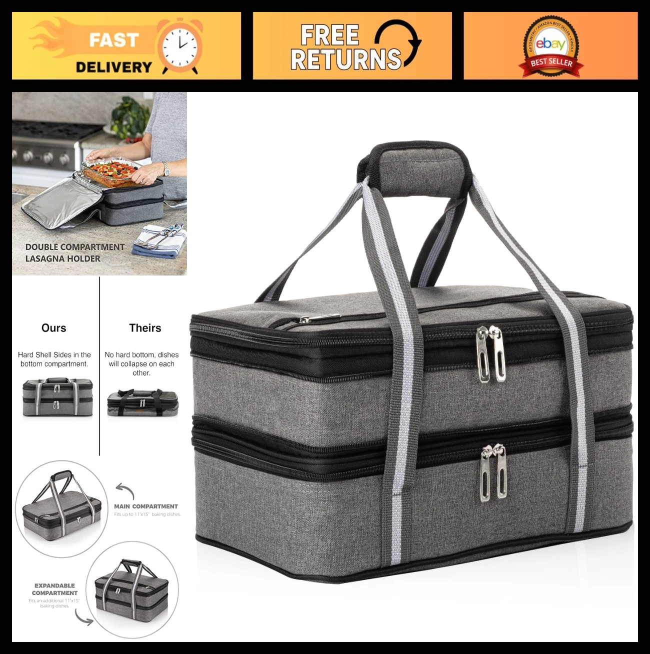 Insulated Casserole Carrier for Hot & Cold Food - Expandable Double Thermal Bag,