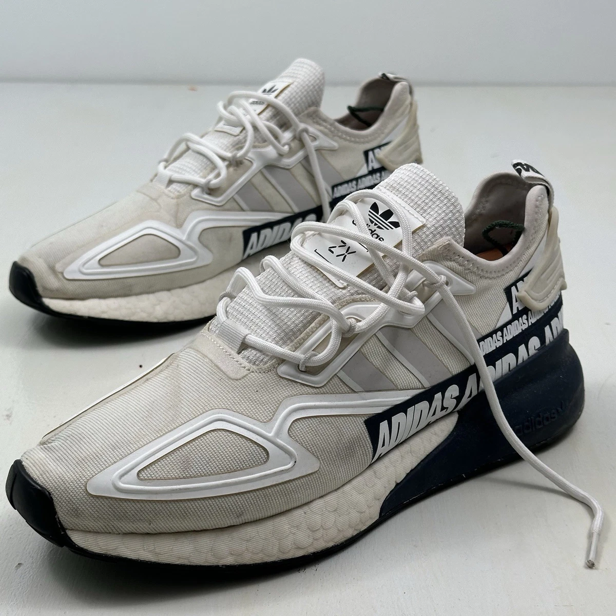 Adidas ZX 2K Boost Bold Logo Graphic White Navy - Men\'s Size 12 USED Size 10 - Adidas ZX 2K Boost Bold Logo Graphic - White Navy  main image 3