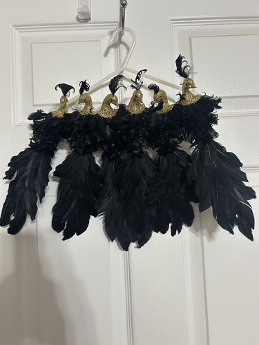 Vintage (6er Set) Pfau Ornamente schwarz Feder Gold Glitzer 12" Clip-on