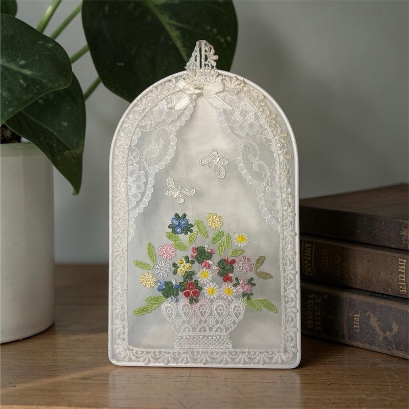 White handmade Floral Lace Embroidered Fabric Wall Hanging Decor
