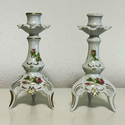 Pair of Vintage Lindner Kueps Bavaria Porcelain Candle Holders - Rose & Gold
