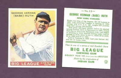 Babe Ruth  Yankees 1990's  Renata Galasso card Commemorative 1933 Goudey Card