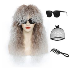 NWT Long Curly Brown White Mullet Wig 70s 80s Rocker Costume Set Men Women