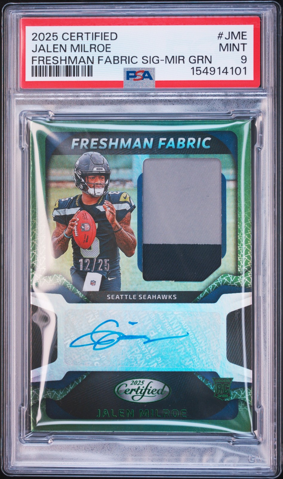 2025 PANINI CERTIFIED FRESHMAN FABRIC SIGNATURES JALEN MILROE 12/25 PSA 9 AUTO