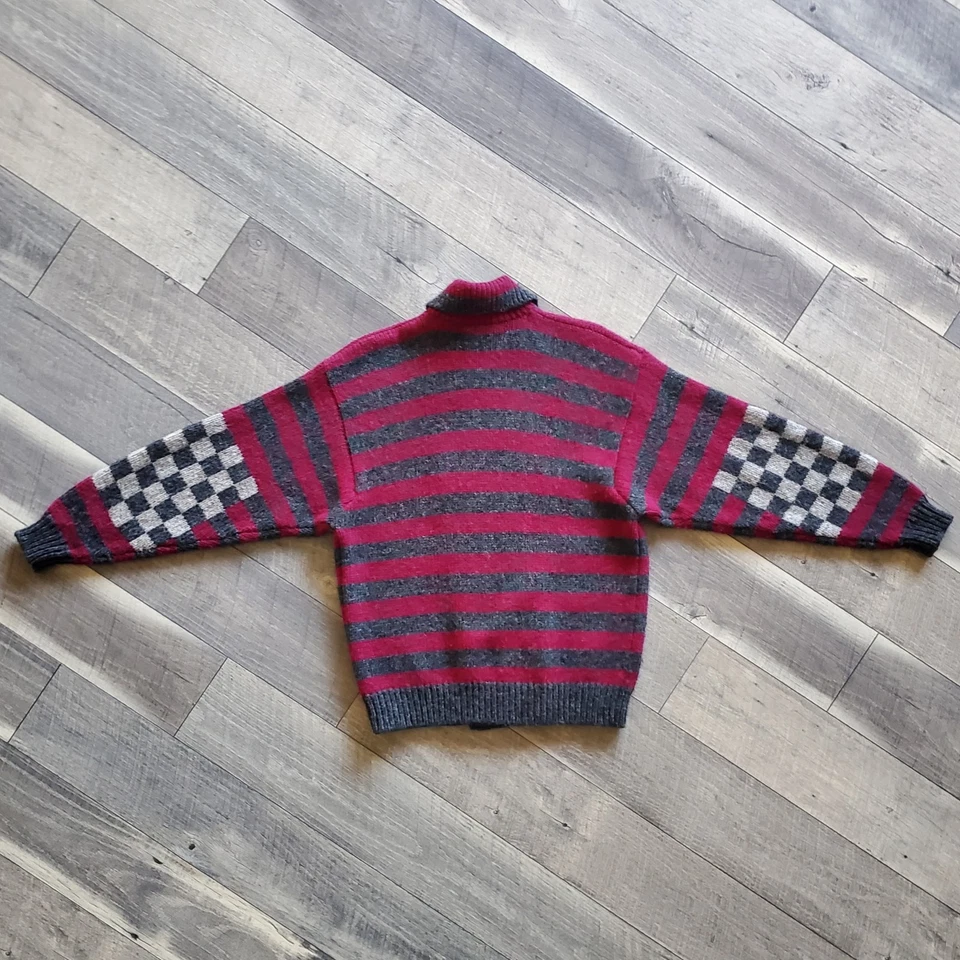 Vintage Perry Ellis Wool Thick Cardigan Striped Checkered Elbow Burgundy Gray M - Image 3 of 4