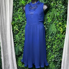 ASOS Dress Women's US 12 Royal Blue Lace Neck Pleated Midi Cocktail 3470