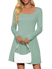 Wenrine Womens Long Sleeve Mini Dress Square Neck A Line Mint Color Size L