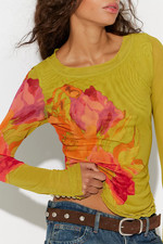 NWT Free People Lilly Printed Long Sleeve Top Small S Citron Combo