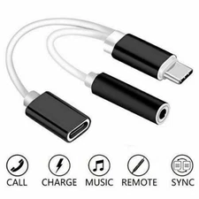 USB Type C To 3.5mm Aux Audio Charging Adapter Splitter Headphone Jack Black