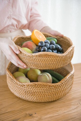 Cesti per pane in rattan fatti a mano rotondi in vimini servizio frutta ciotole, naturale - Foto 3 di 5
