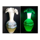 Vtg Vaseline Satin Glass Ruffled Rim Hand Painted Signed Vase 10” Mountain Lake