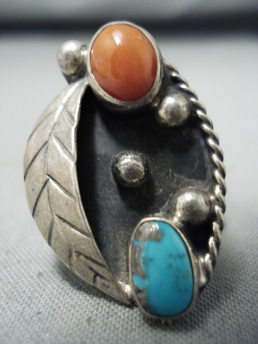 Exceptional Vintage Native American Navajo Bisbee Turquoise Coral Sterling Silver Ring Exceptional Vintage Native American Navajo Bisbee Turquoise Coral Sterling Silver Ring