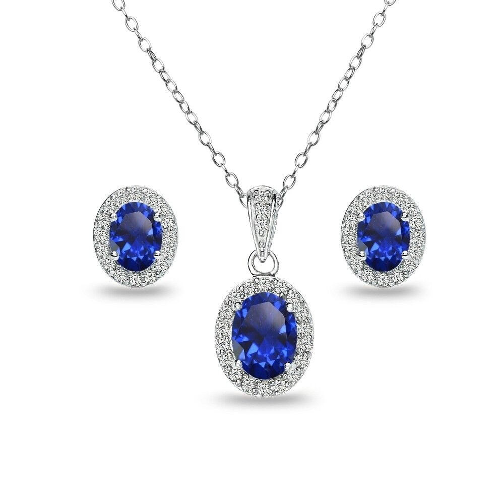 BLUE SAPPHIRE PENDANT DIAMOND HALO WITH SOLITAIRE NECKLACE AND EARRINGS -  Mon Tresor