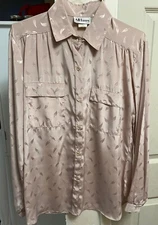 Vtg All Hours Tan Gold Faux Pockets Button Up Blouse Top Medium Leaves USA Made