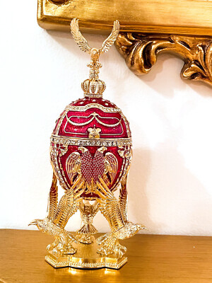 Faberge egg Pure Gold dec Swarovski Set Musical Double Headed Eagle Victory gift