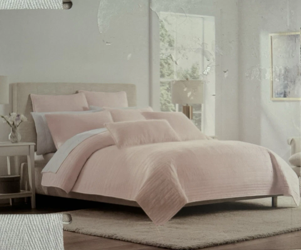 Tahari King Edredón Rubor Rosa Lino Algodón 106x92 Cobertor Ropa de Cama de Casa NUEVO Foto 2 de 4