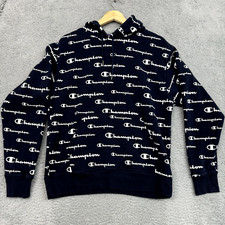 Champion Hoodie Sweater Boys M Blue White Logo All Over Print Kangaroo Pocket