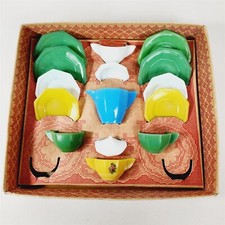 Vintage Little American Maid Tea Set Akro Agate Green White Yellow Blue w/ Box