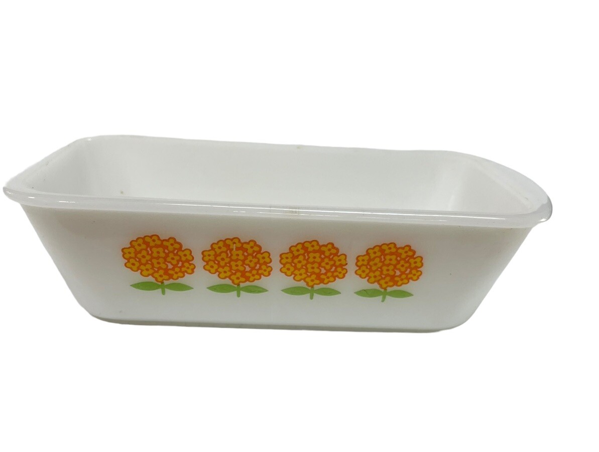 Vintage Glasbake Yellow Orange Flowers 1.5 Quart Loaf Ovenware Dish USA MCM