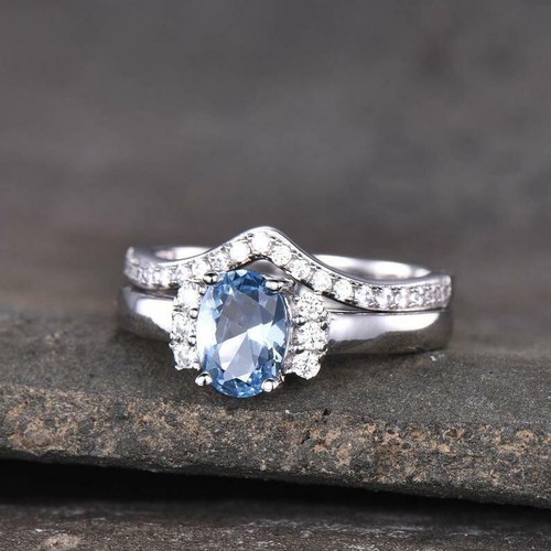 Oval Cut Simulated Aquamarine Bridal Set Wedding Band Ring 14k White Gold Plated - Picture 4 of 6