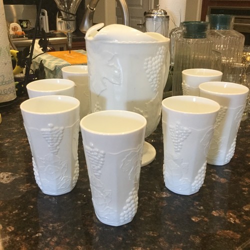 Vintage Milk Glass Harvest Grapevine Pedestal Pitcher & 8 Glasses - Picture 2 of 6