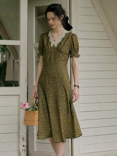 Annie Charming Floral Print Elegant Red Dress-Olive Green Size Medium