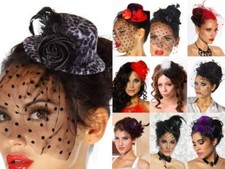 Burlesque Minihut mit Satin Rose Feder+Schleier Rockabilly Fascinator Mini-Hut 