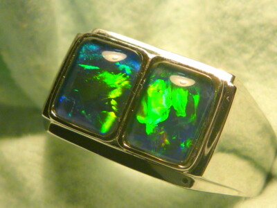 Mens Opal Ring SS (925) Natural Opal Triplet 2 x 8 x 6mm Rectangles item 160668.
