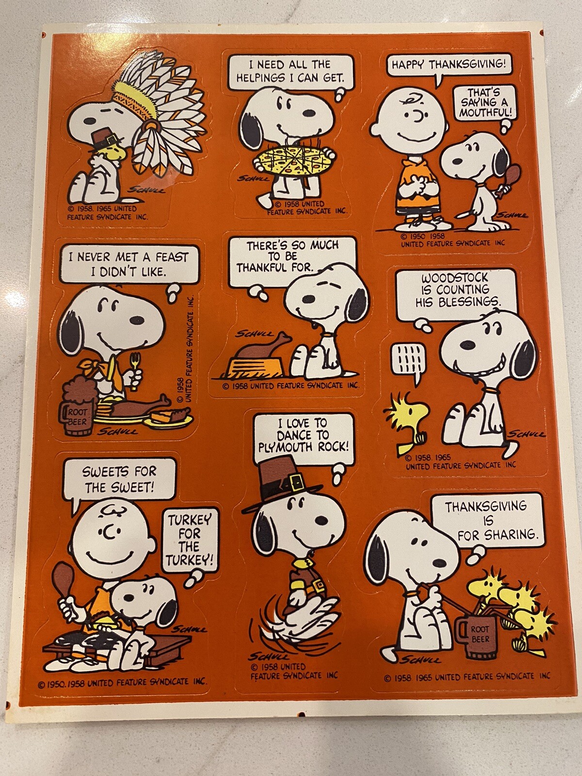 Vintage Peanuts Stickers Hallmark Snoopy Thanksgiving ONE Sheet HTF