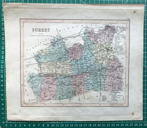 1850 Genuine Antique Map; Surrey by Joshua Archer - Picture 2 of 2