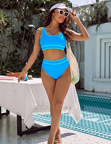 Women's High Waisted Bikini Sets Sporty Two Piece Swimsuits Color Block Cheek... - Picture 8 of 8